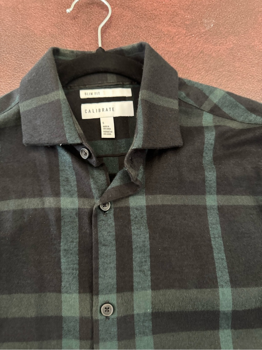 Calibrate Men’s Slim Fit Black & Dark Green Plaid Shirt flannel long sleeve S